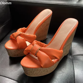 Olomm Женские босоножки-мюли ручной работы на платформе, сексуальные босоножки на танкетке с круглым носком, красивые оранжевые туфли для косплея, размер США 5-20
