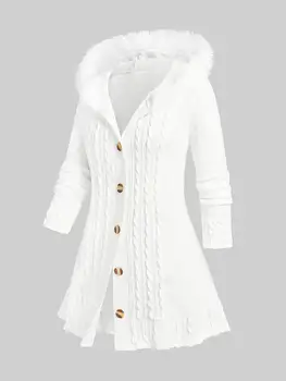 ROSEGAL Плюс Размер с капюшоном и пушистой отделкой, вязаный кардиган, Белый осенне-зимний Длинный свитер, пальто для женщин