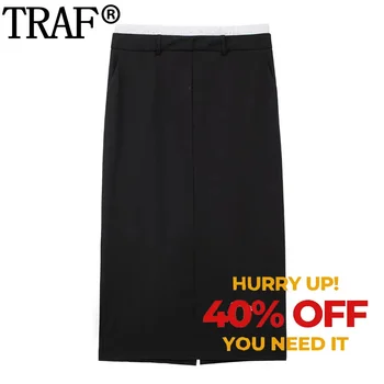 TRAF, женские юбки-карандаш, Черные длинные юбки Для женщин, юбка с высокой талией, Офисная повседневная юбка миди, прямая юбка в стиле Боксер